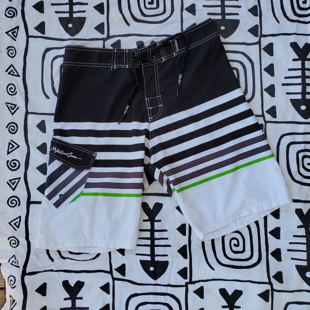 Maui and Sons Black/White/Green Striped Board Shorts Swim Shorts Size 32